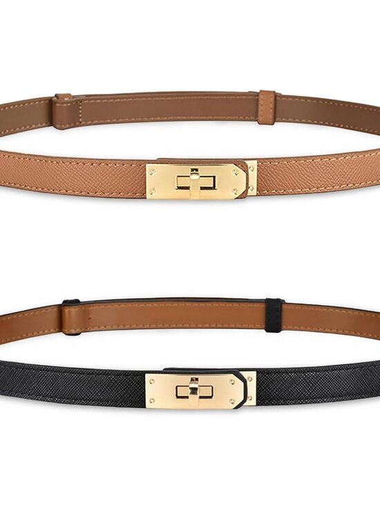 Accessories - Women's Skinny Leather Belt with Adjustable Golden Turn-Lock Buckle - Ideal for